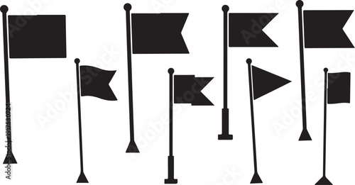 Black flags on poles in various positions and sizes