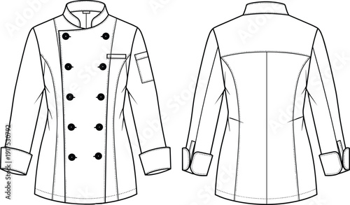 Chef jacket technical drawing, double breasted uniform front and back view flat vector illustration for restaurant kitchen apparel design