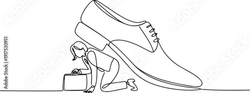 Single continuous line drawing businesswoman crawling under giant foot trample. Female employee oppressed by the boss with under big shoe. one line Icon drawing