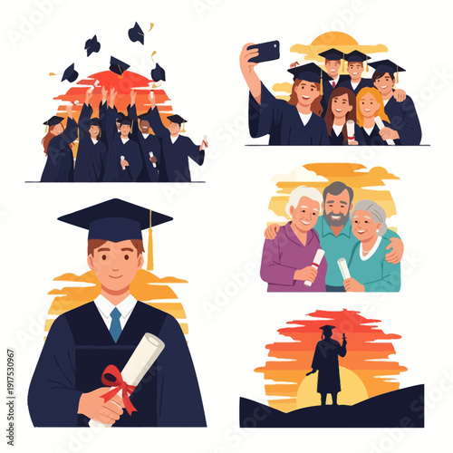 Graduates in caps and gowns celebrate with diplomas and selfies.
