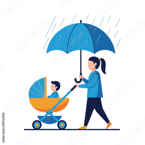 Woman pushing stroller under umbrella during rain.