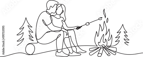 Single one line drawing happy romantic couple summer camp. Man woman sitting by fireplace on log. Bonfire with marshmallow. Outdoor vacation in forest. one line Icon drawing