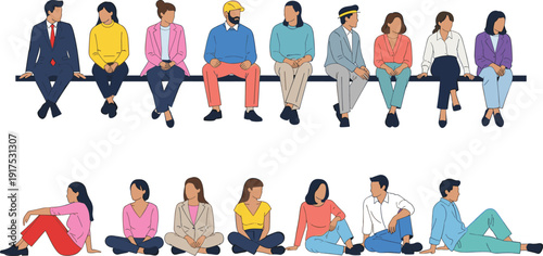 Flat Vector Illustration of Diverse Young People and Business Professionals Sitting on a Bench and Ground Representing Community Unity Friendship and Global Teamwork Concept