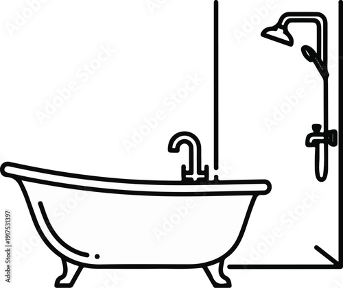 Minimalist outline of a bathtub with a shower fixture and faucet
