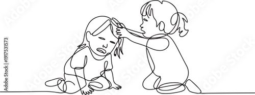 Single continuous line drawing toddler kids girls fighting with one pulling hair of the other. She look of shock and pain. Problem of physical bullying at school. one line Icon drawing
