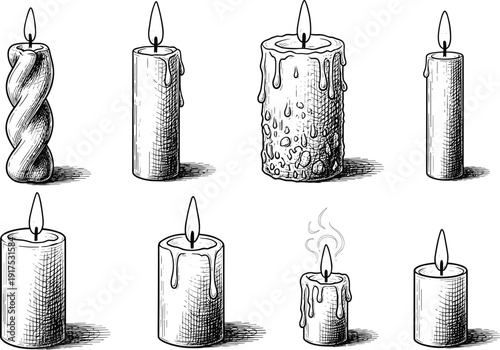Hand Drawn Vector Illustration Collection of Various Burning Wax Candles with Melting Drips and Flickering Flames in Vintage Engraving Sketch Style for Decoration Set