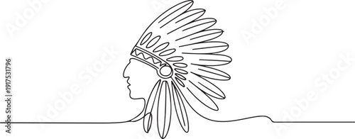 Continuous line drawing of a Native American chief feathered headdress front view, representing cultural heritage concept for American Indian Citizenship Day. one line Icon drawing
