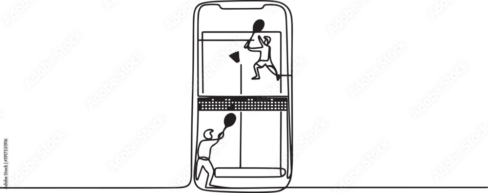 Fototapeta premium Single one line drawing badminton court with two players hitting shuttlecock with their racquets on smartphone screen. Professional sports competition. one line Icon drawing