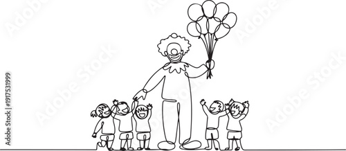 Single continuous line drawing the male clown stands while holding several balloons in his right hand. Children really like the show. one line Icon drawing