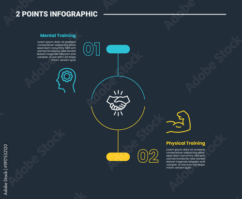 mental vs physical training comparison infographic dark outline for slide presentation with open circle cut up and down with 2 point list