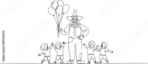 Single continuous line drawing the male clown stands while holding several balloons in his right hand. Children really like the show. one line Icon drawing