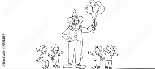 Single continuous line drawing the male clown stands while holding several balloons in his right hand. Children really like the show. one line Icon drawing