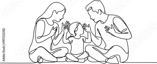 Single continuous line drawing mother, daughter and father sitting on the floor while making hand gestures. Expressing love without words. Mother Father Deaf Day. one line Icon drawing