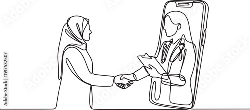 Continuous one line drawing hijab female patient shaking hands with female doctor in smartphone holding clipboard. Online medical consultation. one line Icon drawing