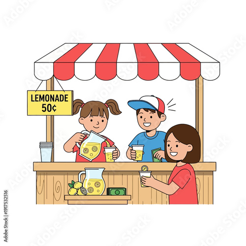 Children selling lemonade at a stand with customers.