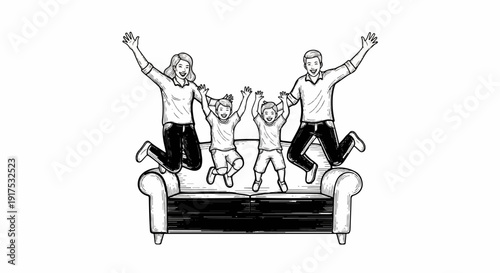 Joyful family of four jumping on a couch in a sketch