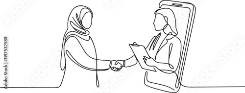 Continuous one line drawing hijab female patient shaking hands with female doctor in smartphone holding clipboard. Online medical consultation. one line Icon drawing