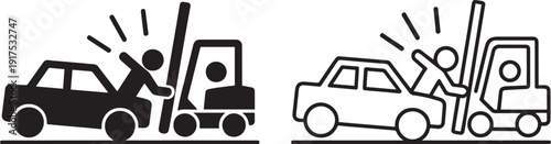 Cautionary road accident icons with forklift and car collision warning signs