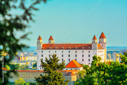 Bratislava castle in Slovakia. View of the roof, towers and walls through tree branches. Spring, summer. Travels in Europe. Green, blue and red saturated colors. Rest, relaxation and peace