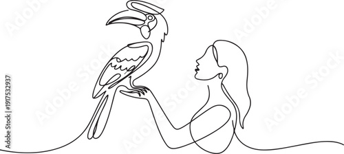 Continuous one line drawing the great hornbill bird perched on hand of woman. The crested has a large yellow beak. Big colorful bird. Woman Holding Bird. one line Icon drawing