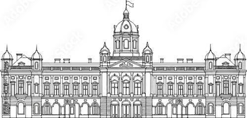 Grand, symmetrical neoclassical building with a central dome and multiple ornate windows