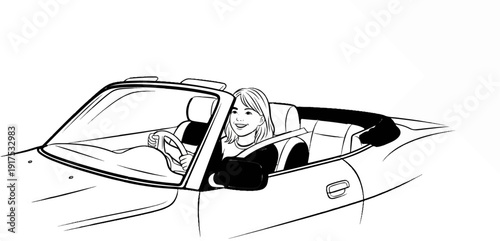 Joyful person driving a convertible car with the top down on a sunny day