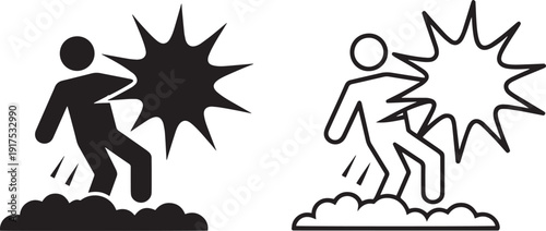 Caution symbols with people experiencing shock or pain in black and white