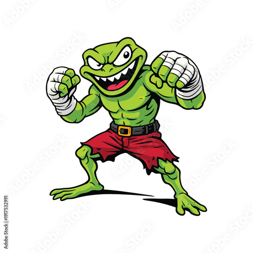 Angry Green Frog Boxer Mascot Character in Fighting Stance with Red Shorts and Hand Wraps