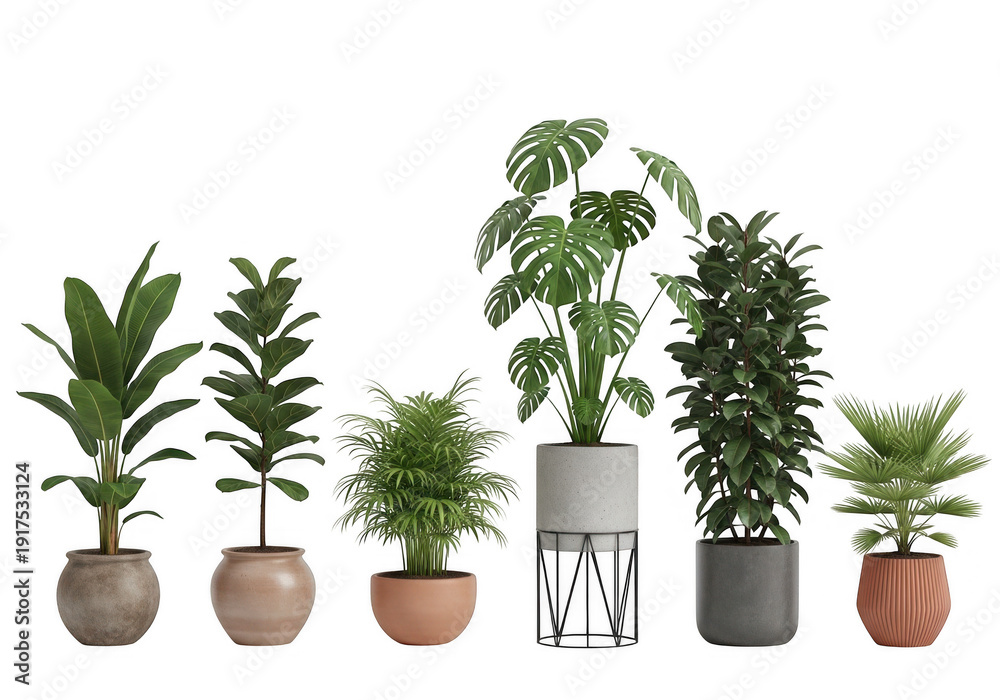 Fototapeta premium Collection of six different potted plants with various leafy greens isolated on transparent background