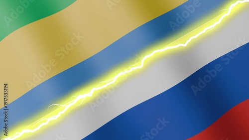 Two waving flags Gabon and Russia with diagonal lightning seamless, 4k loop