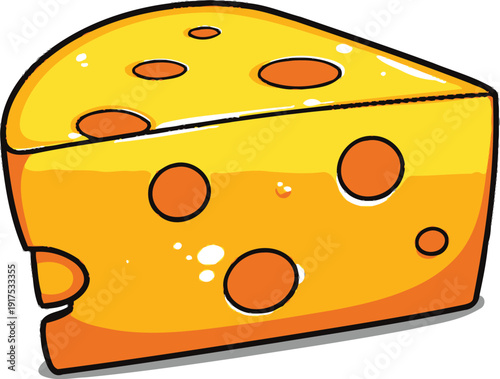 cartoon wedge of yellow swiss cheese with round holes shiny surface and stylized design representing dairy food illustration