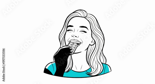 Joyful woman biting into a chocolate bar