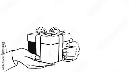 Hands holding a wrapped gift with a bow, black and white illustration