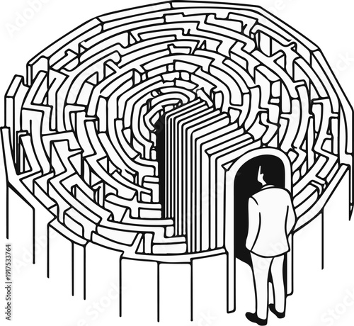 Man in suit enters complex spiral maze from arched doorway