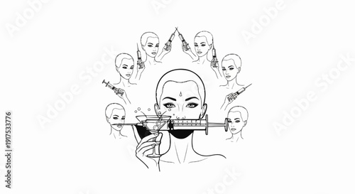 Graphic art depicting women with syringes around a central face with a syringe