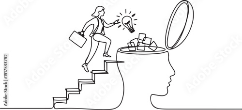 Single continuous line drawing businesswoman climb to the large, open head with stairs. Throw away the lightbulb. Putting down suggestions. one line Icon drawing