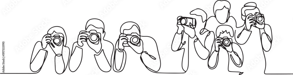 Naklejka premium Continuous one line drawing photographers or paparazzi taking photo with digital cameras with angles. Journalists or reporters checking pictures. one line Icon drawing
