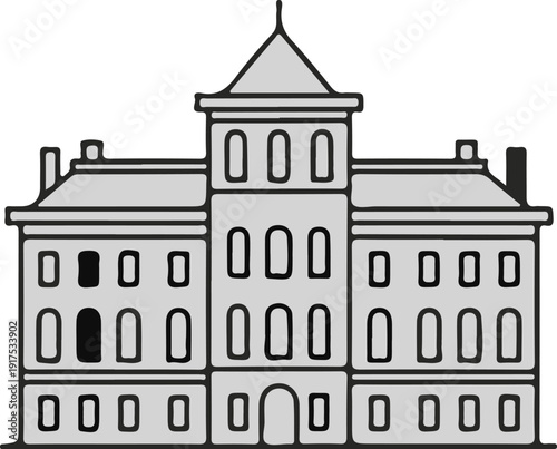 Gray, stylized building illustration with many windows and peaked roof