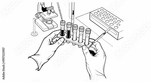 Hands in gloves performing scientific experiment with test tubes