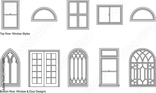Architectural Window and Door Design Collection, Black and White Line Art Styles Including Arched, Gothic, and Modern Frame Illustrations