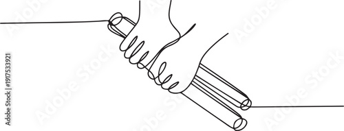 Single continuous line drawing man's hands holding double stick. Nunchaku traditional Okinawan martial arts weapon. Man fists edged weapon. one line Icon drawing