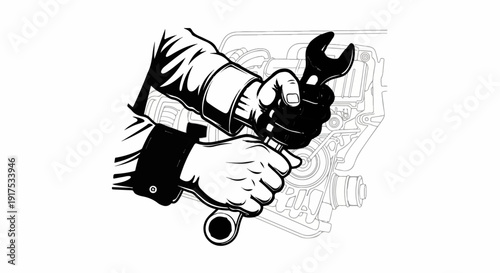 Hands in gloves with wrenches working on an engine