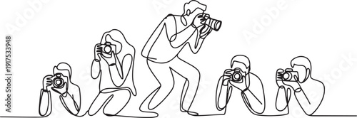 Continuous one line drawing photographers or paparazzi taking photo with digital cameras with angles. Journalists or reporters checking pictures. one line Icon drawing