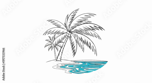 Minimalist sketch of a tropical beach scene with two palm trees and turquoise water