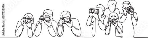 Continuous one line drawing photographers or paparazzi taking photo with digital cameras with angles. Journalists or reporters checking pictures. one line Icon drawing