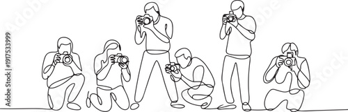 Continuous one line drawing photographers or paparazzi taking photo with digital cameras with angles. Journalists or reporters checking pictures. one line Icon drawing