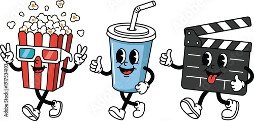 Cute Cartoon Cinema Characters Set, Popcorn, Soda Cup and Clapperboard Mascots Vector Illustration for Movie Theater Entertainment Branding Design