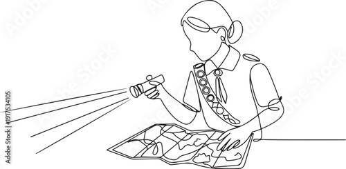 Continuous one line drawing girl in scout uniform with map and flashlight in hand. View and read the map carefully. Instruction. National Girl Scout Day. one line Icon drawing