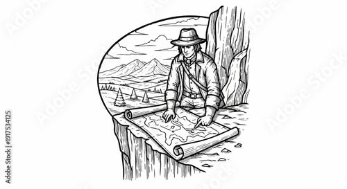 Man on cliff edge studying rolled out map of mountainous terrain