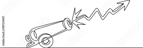 Single one line drawing of cannon ball weapon with arrow symbol bullet missile. Business finance growth minimal concept. one line Icon drawing
